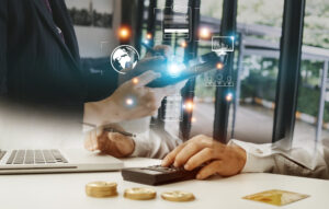 online transactions businessman touching fingerprint scan provides security interface payment shopping banking cloud computing network connection virtual screen